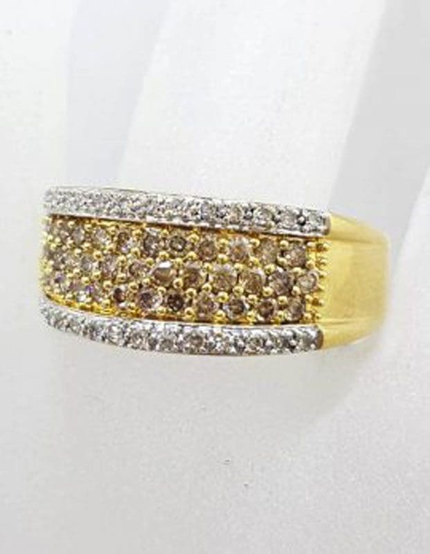 18ct Yellow Gold Wide Chocolate and Clear Diamond Band Ring