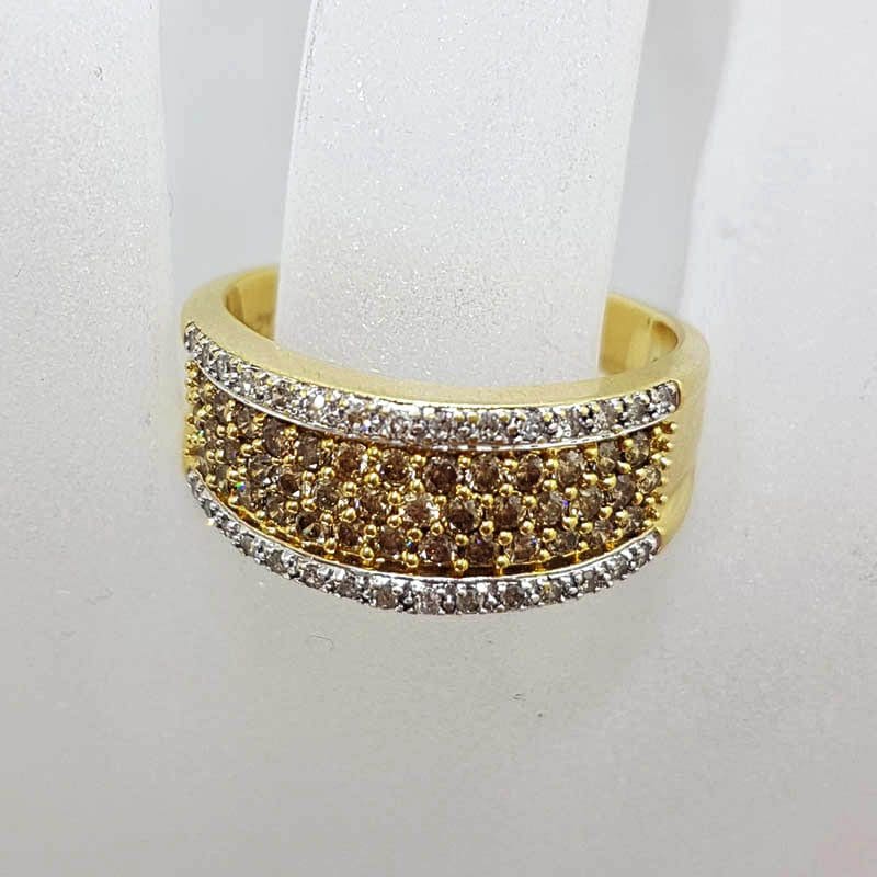 18ct Yellow Gold Wide Chocolate and Clear Diamond Band Ring