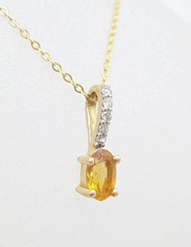 18ct Yellow Gold Oval Yellow Citrine with Diamonds Dainty Pendant on Gold Chain