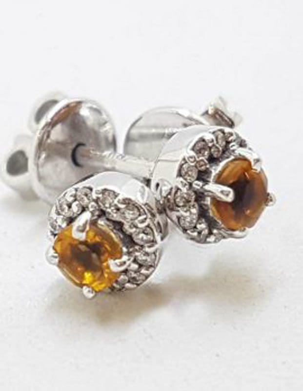18ct White Gold Round Yellow Citrine Surrounded by Diamonds Cluster Stud Earrings