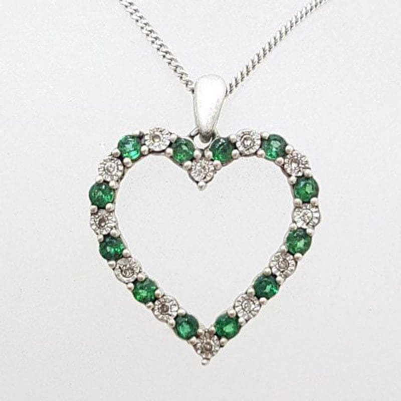 Sterling Silver Emerald and Diamond Heart Pendant on Silver Chain - Vintage