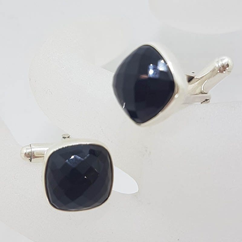 Sterling Silver Square Faceted Onyx Pair of Cufflinks