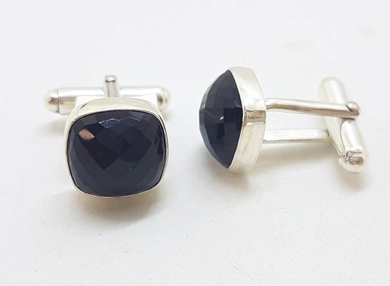 Sterling Silver Square Faceted Onyx Pair of Cufflinks