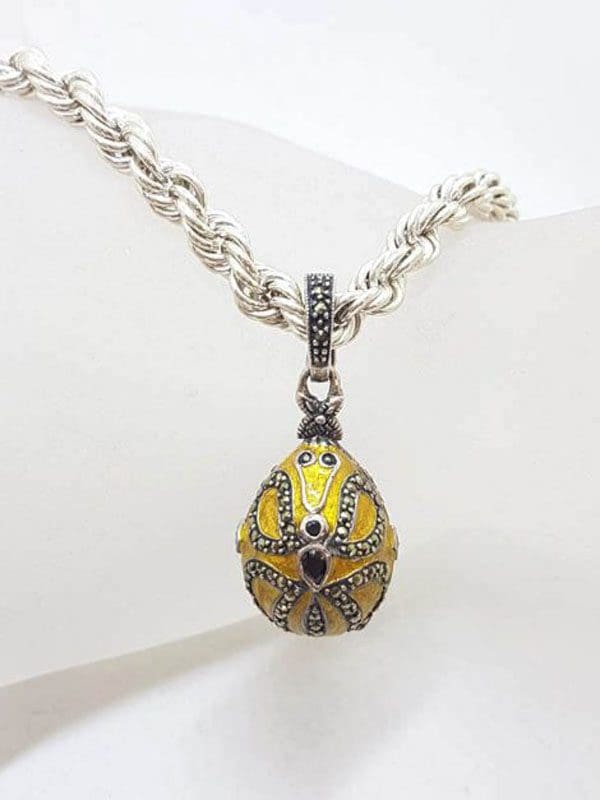 Sterling Silver Marcasite with Yellow Enamel Faberge Style Egg (which opens) Enhancer Pendant on Sterling Silver Thick Twist Rope Chain