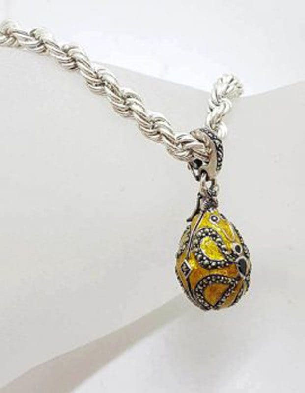 Sterling Silver Marcasite with Yellow Enamel Faberge Style Egg (which opens) Enhancer Pendant on Sterling Silver Thick Twist Rope Chain