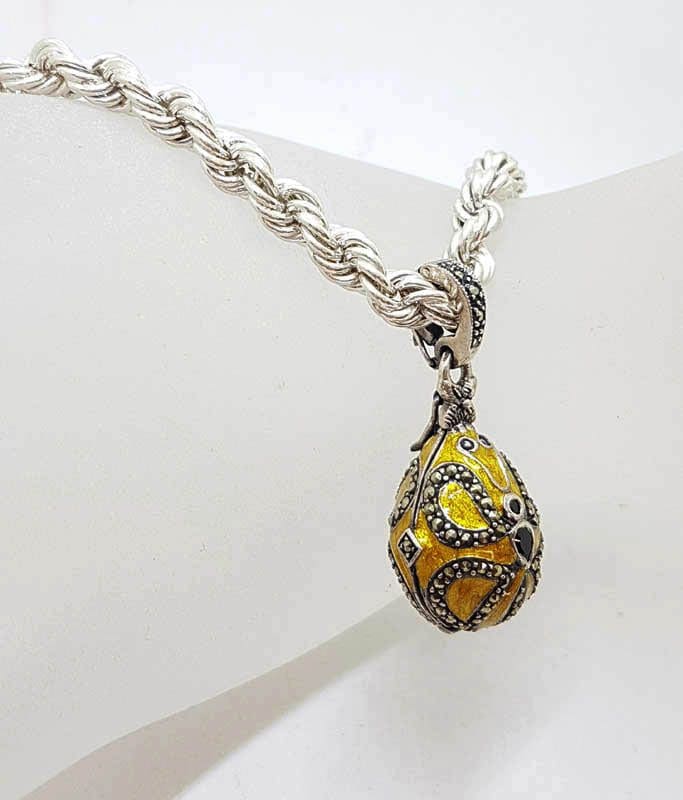 Sterling Silver Marcasite with Yellow Enamel Faberge Style Egg (which opens) Enhancer Pendant on Sterling Silver Thick Twist Rope Chain