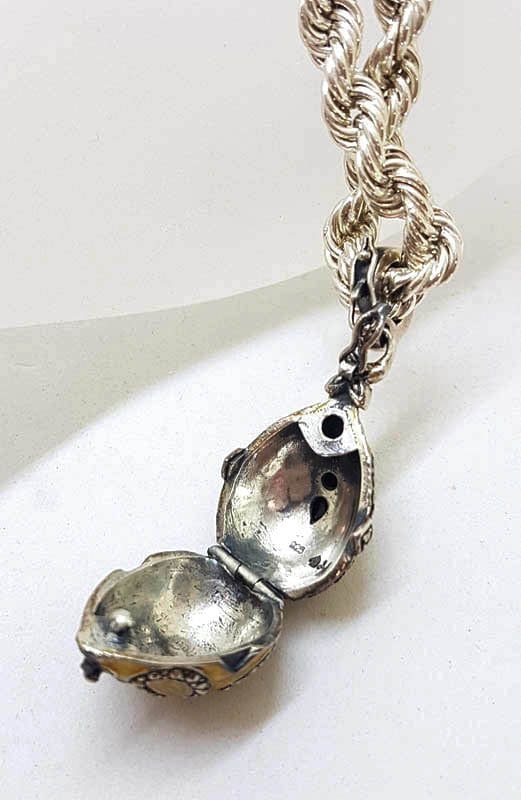 Sterling Silver Marcasite with Yellow Enamel Faberge Style Egg (which opens) Enhancer Pendant on Sterling Silver Thick Twist Rope Chain