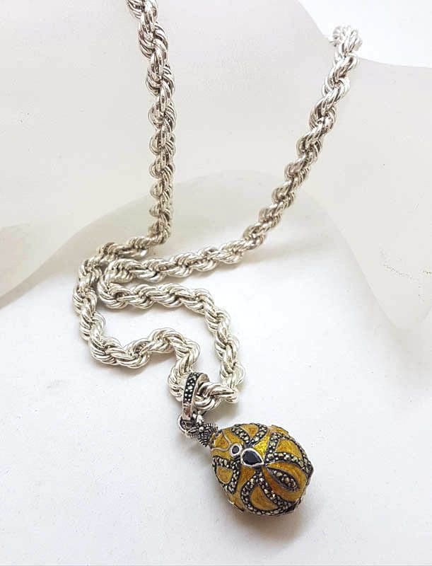 Sterling Silver Marcasite with Yellow Enamel Faberge Style Egg (which opens) Enhancer Pendant on Sterling Silver Thick Twist Rope Chain