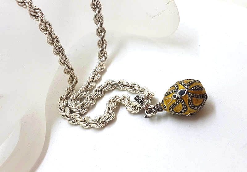 Sterling Silver Marcasite with Yellow Enamel Faberge Style Egg (which opens) Enhancer Pendant on Sterling Silver Thick Twist Rope Chain
