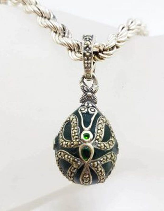 Sterling Silver Marcasite with Green Enamel Faberge Style Egg (which opens) Pendant on Sterling Silver Thick Twist Chain