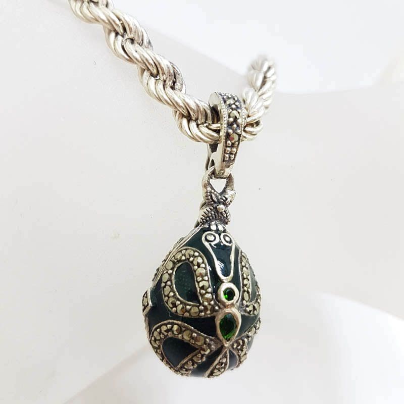 20210525_220713 Sterling Silver Marcasite with Green Enamel Faberge Style Egg (which opens) Pendant on Sterling Silver Thick Twist Chain