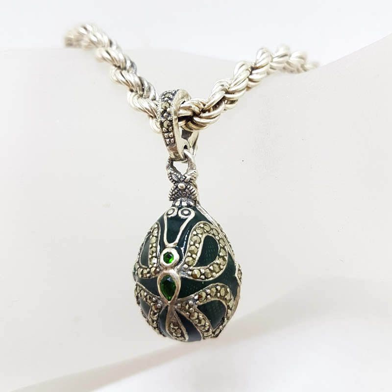 20210525_220727 Sterling Silver Marcasite with Green Enamel Faberge Style Egg (which opens) Pendant on Sterling Silver Thick Twist Chain