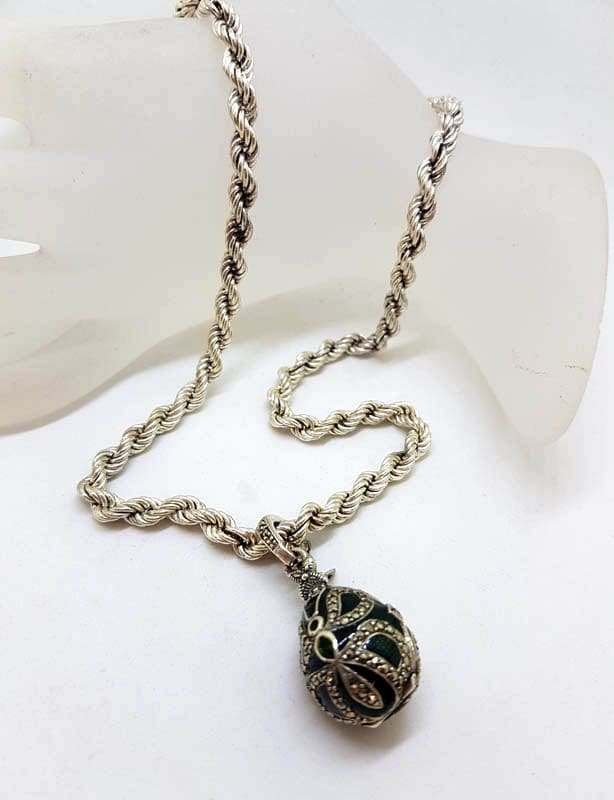 20210525_220757 Sterling Silver Marcasite with Green Enamel Faberge Style Egg (which opens) Pendant on Sterling Silver Thick Twist Chain