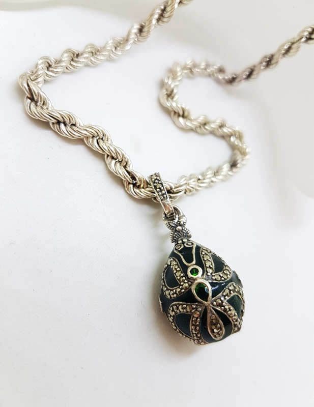 20210525_220812 Sterling Silver Marcasite with Green Enamel Faberge Style Egg (which opens) Pendant on Sterling Silver Thick Twist Chain