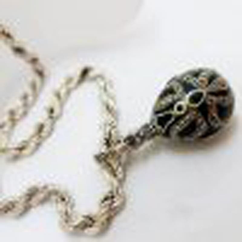 Sterling Silver Marcasite with Green Enamel Faberge Style Egg (which opens) Pendant on Sterling Silver Thick Twist Chain