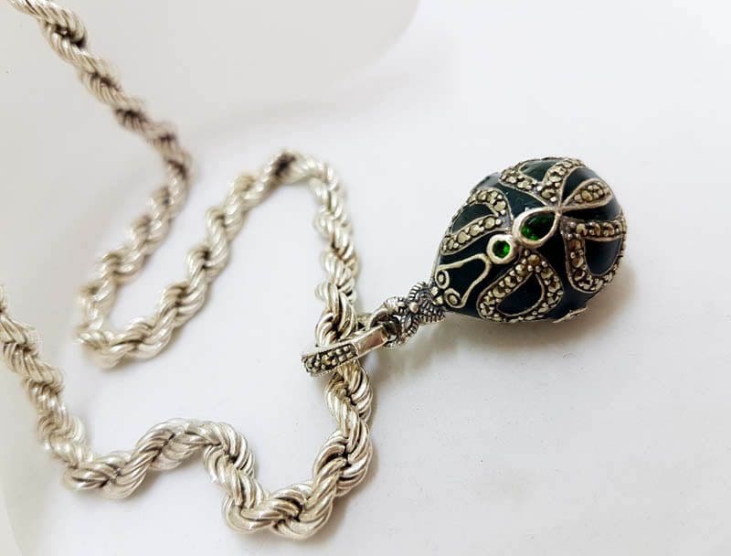 20210525_220825 Sterling Silver Marcasite with Green Enamel Faberge Style Egg (which opens) Pendant on Sterling Silver Thick Twist Chain