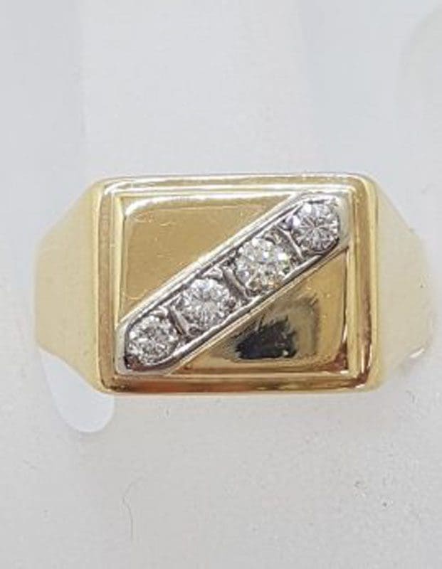 9ct Yellow Gold Large Rectangular Signet Ring set with Four Diamond Ring - Gents Ring / Ladies Ring - Antique / Vintage