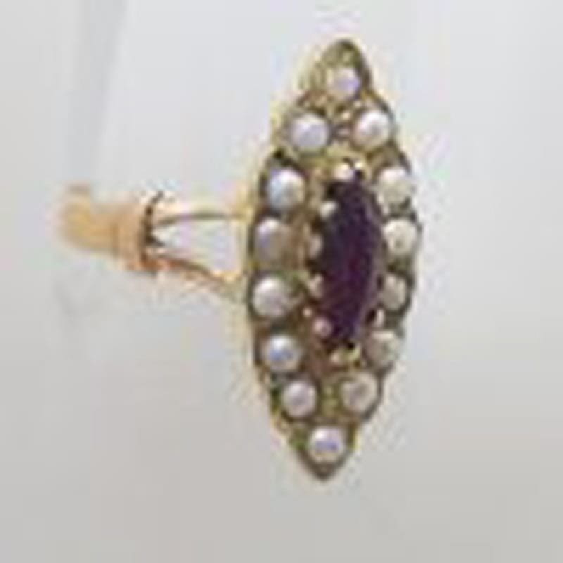 9ct Yellow Gold Elongated Marquis Shape Garnet & Seedpearl Cluster Ring - Antique / Vintage