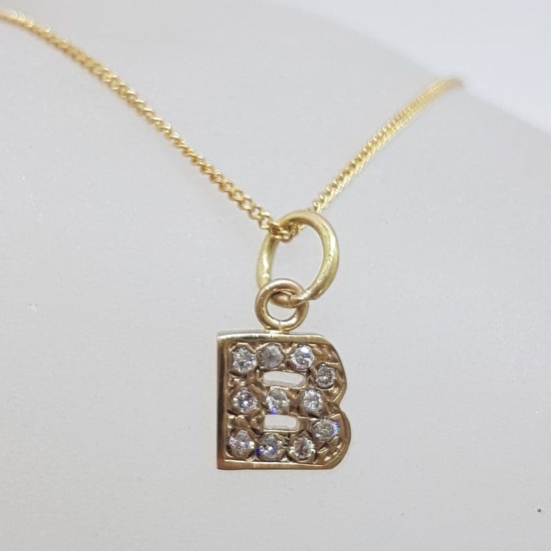 9ct Yellow Gold Diamond Encrusted Initial B Pendant on Gold Chain