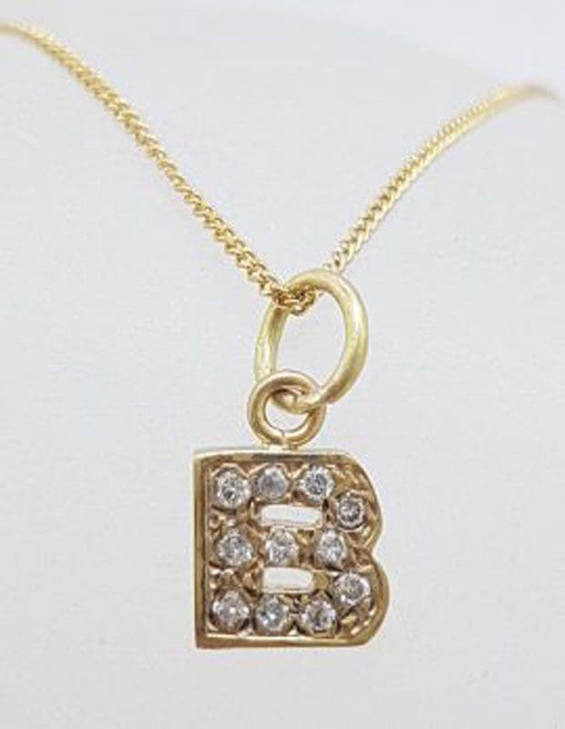 9ct Yellow Gold Diamond Encrusted Initial B Pendant on Gold Chain