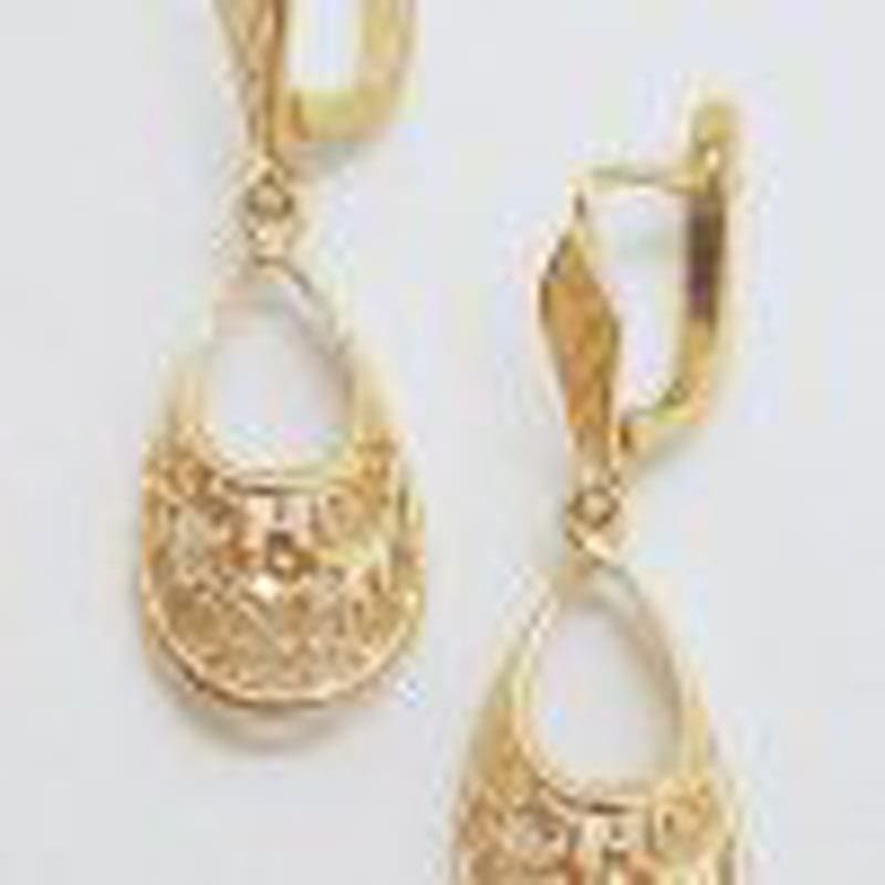9ct Yellow Gold Ornate Long Drop Filigree Floral Motif Earrings - Vintage / Antique