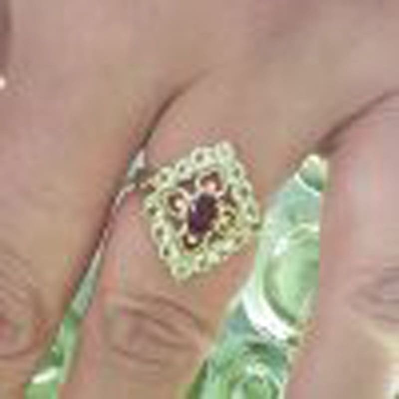 9ct Yellow Gold Peridot & Rhodolite Garnet Ornate Filigree Large Ring