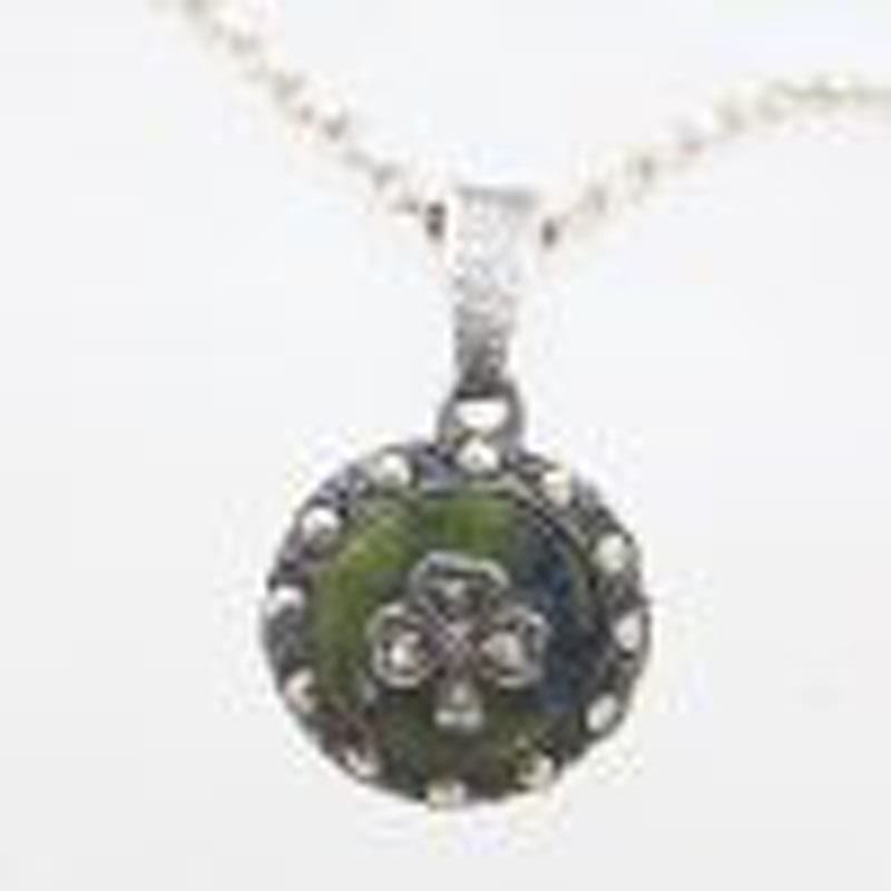 Sterling Silver Scottish Agate and Marcasite Round Shamrock Pendant on Silver Chain - Antique / Vintage