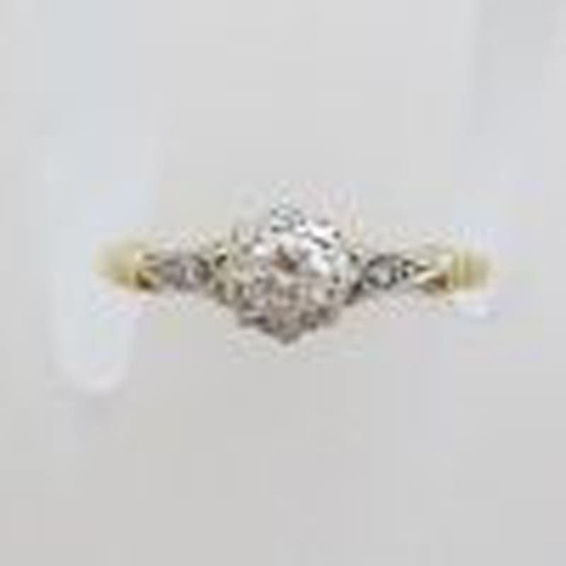 18ct Yellow Gold and White Gold Ornate Design High Set Solitaire Engagement Ring / Dress Ring - Antique / Vintage