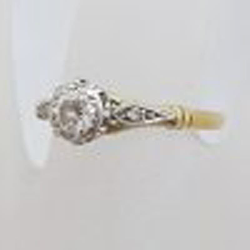 18ct Yellow Gold and White Gold Ornate Design High Set Solitaire Engagement Ring / Dress Ring - Antique / Vintage