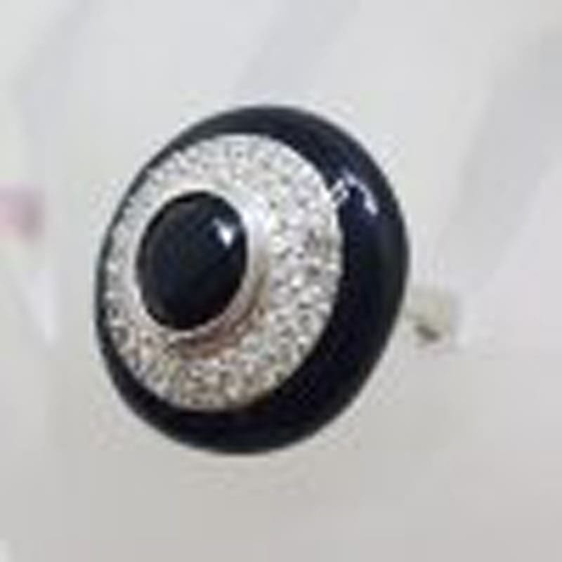 Sterling Silver Very Large Round Black and Clear Cubic Zirconia Cocktail Ring