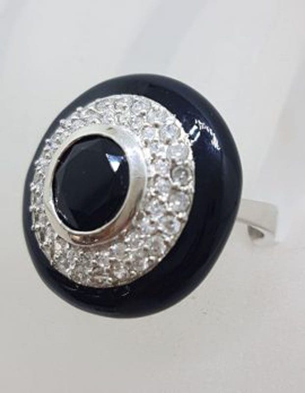 Sterling Silver Very Large Round Black and Clear Cubic Zirconia Cocktail Ring