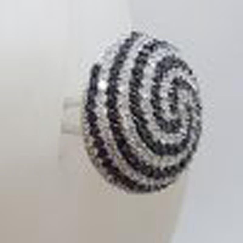 Sterling Silver Very Large Round Swirl Black and Clear Cubic Zirconia Cocktail Ring