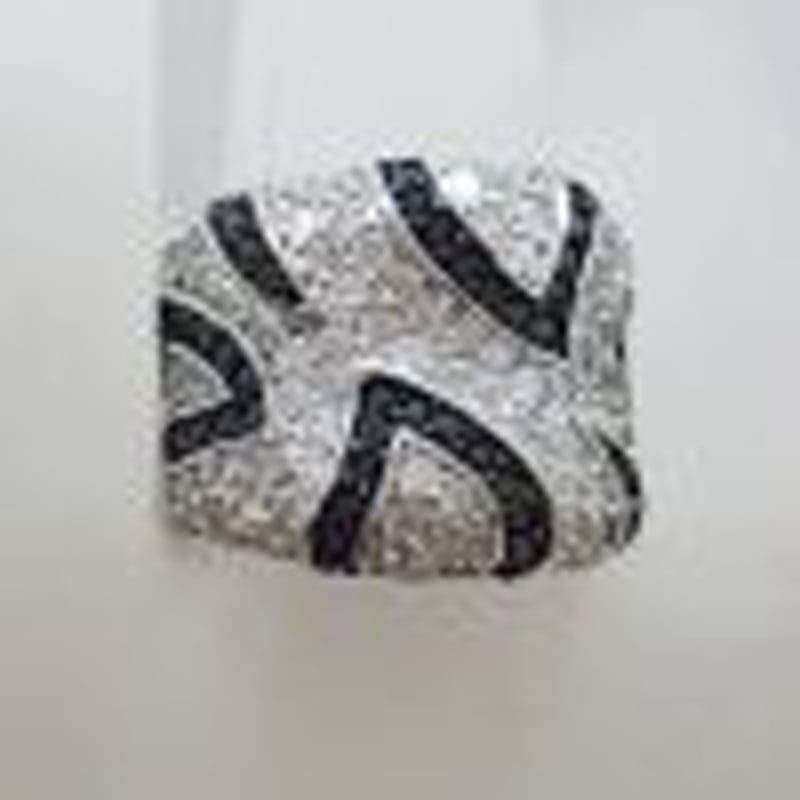 Sterling Silver Very Wide Black and Clear Cubic Zirconia Ring with Stunning Pattern