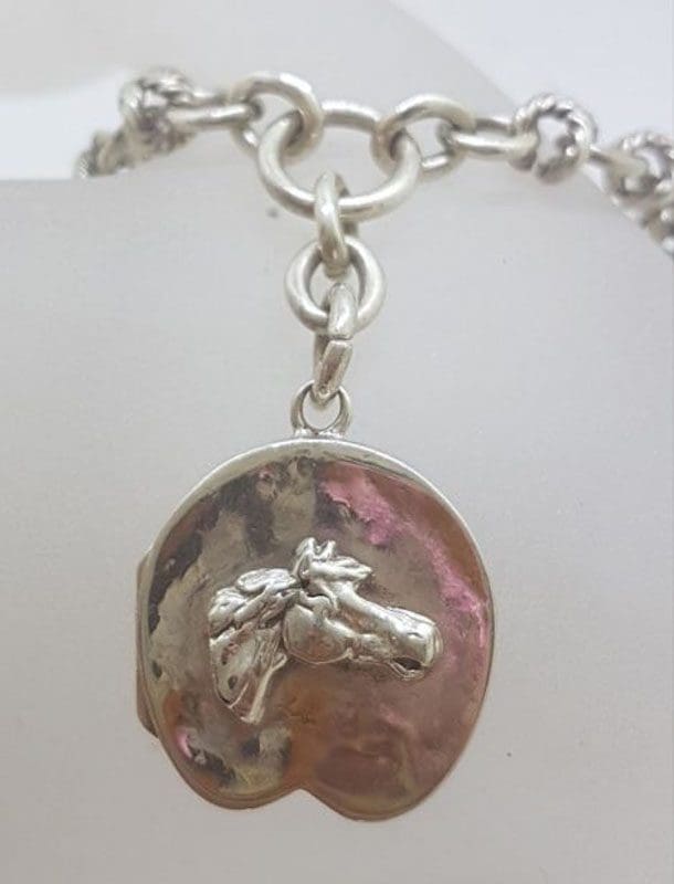 Sterling Silver Antique Horseshoe Shaped Locket with Horses Head on Thick Silver Fob Chain - Antique / Vintage