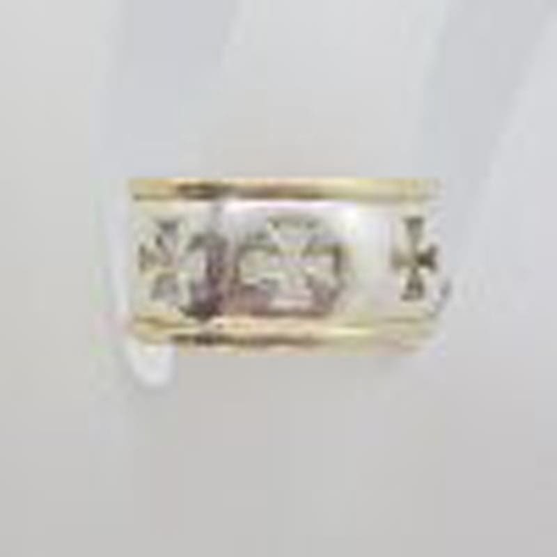 9ct Yellow Gold wide Band with Sterling Silver Cross Patterned Ring - Dress Ring / Wedding Band