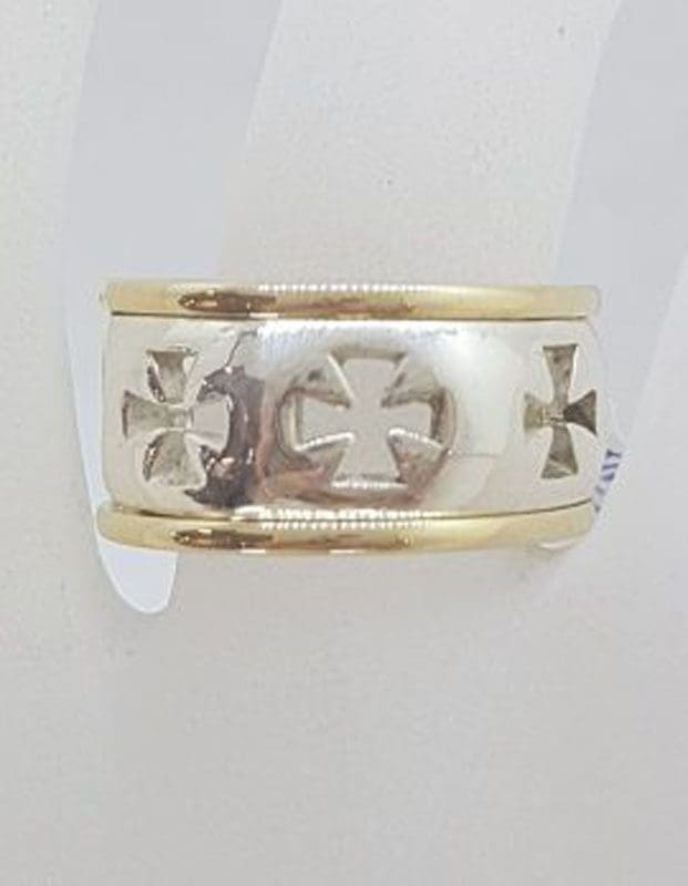 9ct Yellow Gold wide Band with Sterling Silver Cross Patterned Ring - Dress Ring / Wedding Band