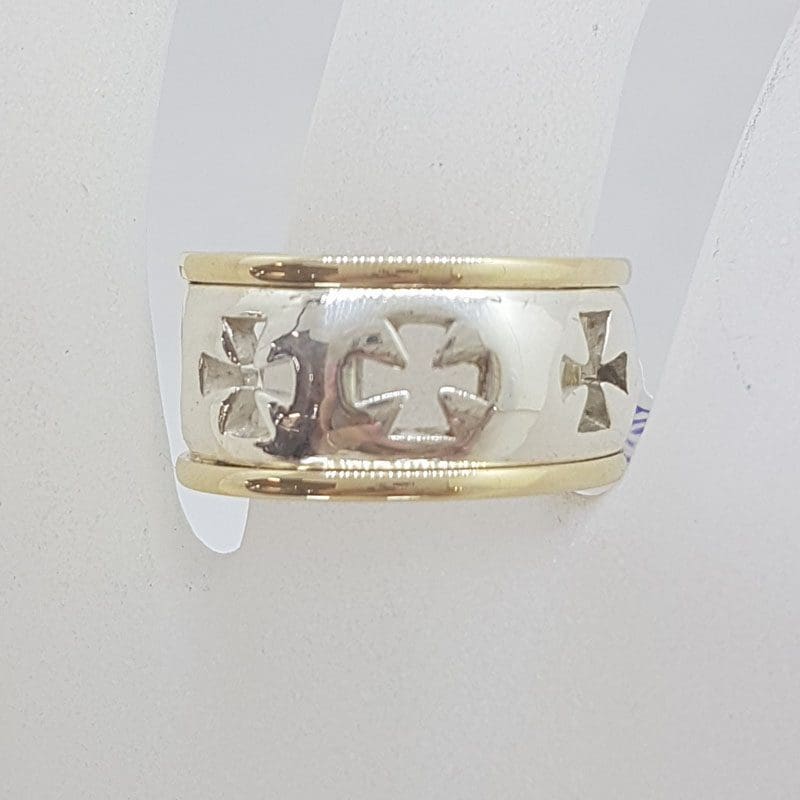20210528_210254 9ct Yellow Gold wide Band with Sterling Silver Cross Patterned Ring - Dress Ring / Wedding Band