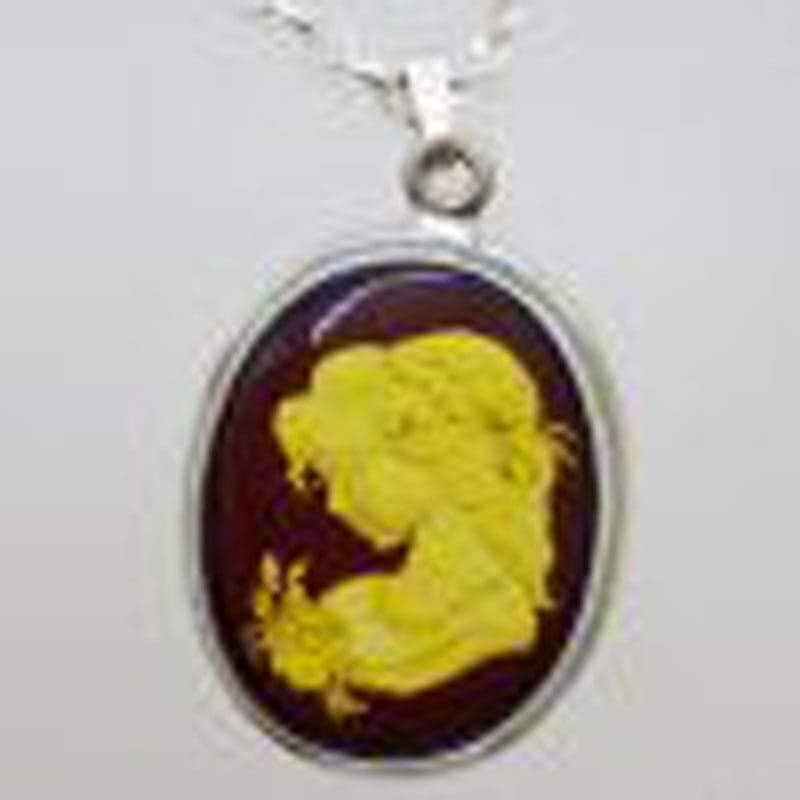 Sterling Silver Natural Baltic Amber Carved Oval Cameo Pendant on Silver Chain