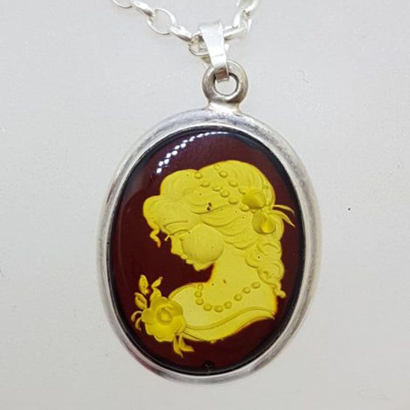 Sterling Silver Natural Baltic Amber Carved Oval Cameo Pendant on Silver Chain