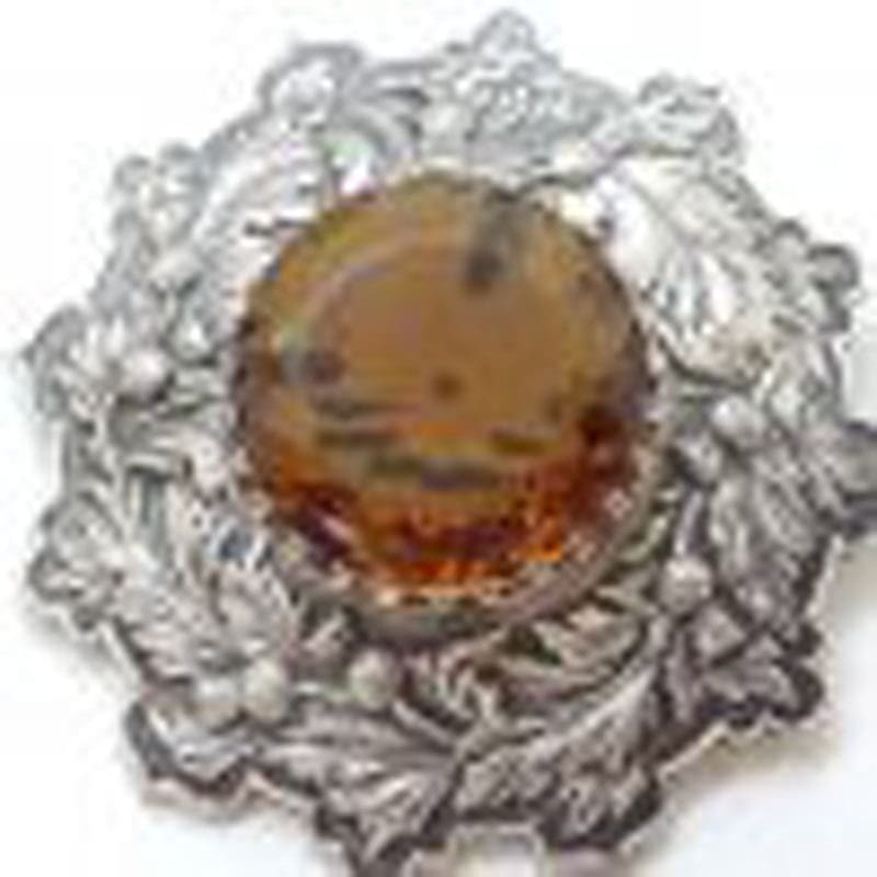 Plated Very Large Scottish Highland Kilt Brooch with Yellow Faux Cairngorm Stone - Vintage Costume Jewellery