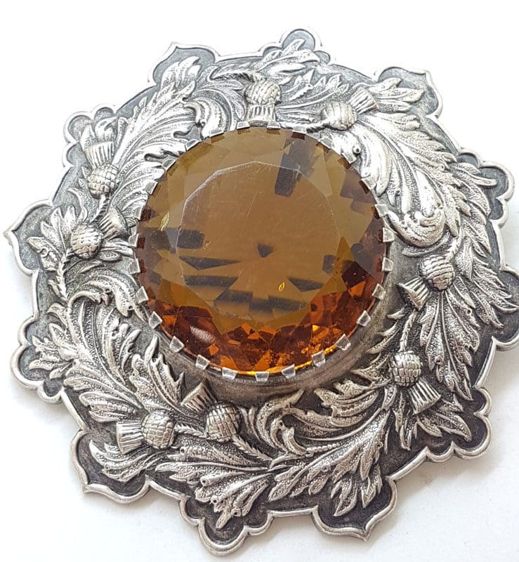 Plated Very Large Scottish Highland Kilt Brooch with Yellow Faux Cairngorm Stone - Vintage Costume Jewellery