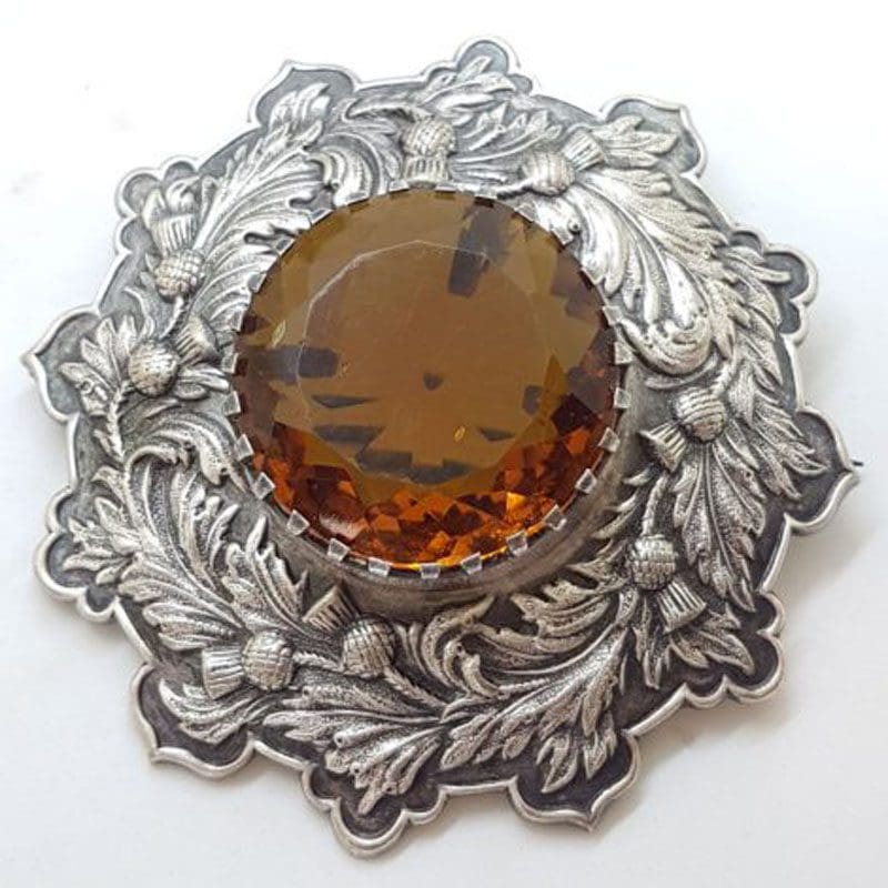 Plated Very Large Scottish Highland Kilt Brooch with Yellow Faux Cairngorm Stone - Vintage Costume Jewellery