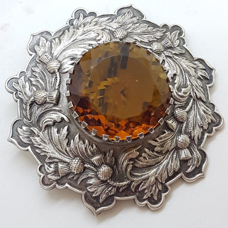 Plated Very Large Scottish Highland Kilt Brooch with Yellow Faux Cairngorm Stone - Vintage Costume Jewellery