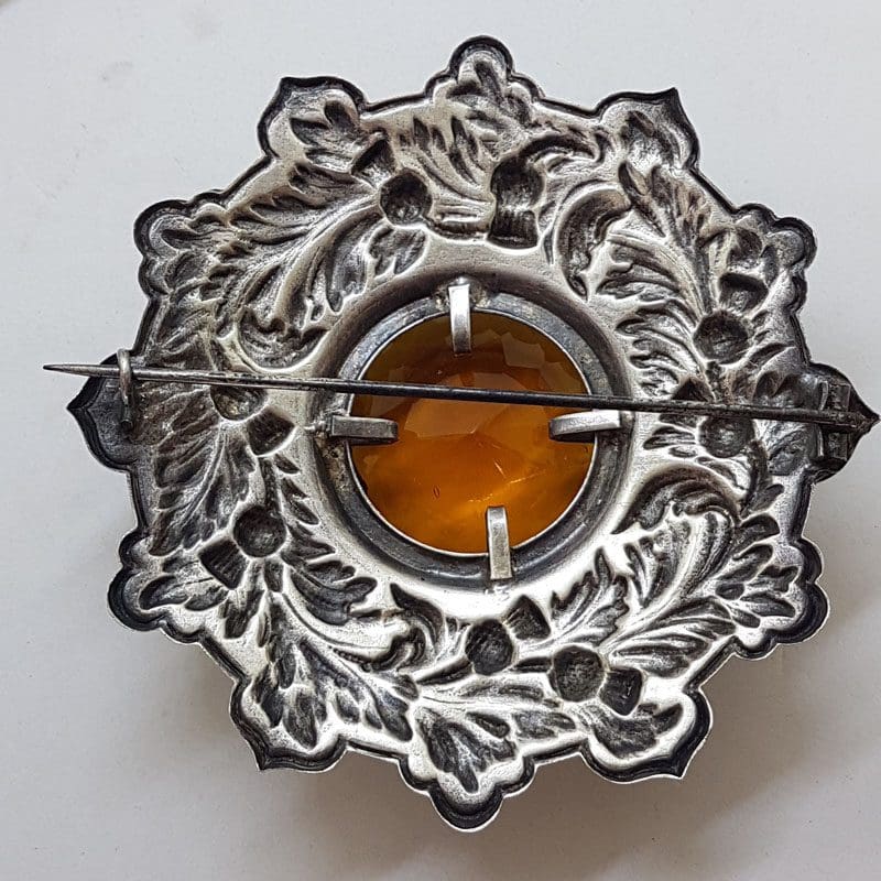 Plated Very Large Scottish Highland Kilt Brooch with Yellow Faux Cairngorm Stone - Vintage Costume Jewellery