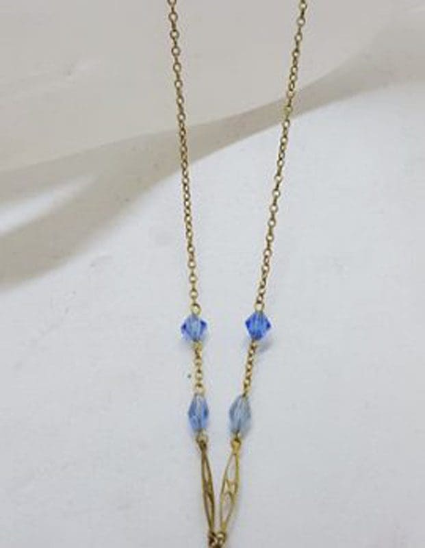 Plated Blue Paste Ornate Necklace / Chain - Vintage Costume Jewellery