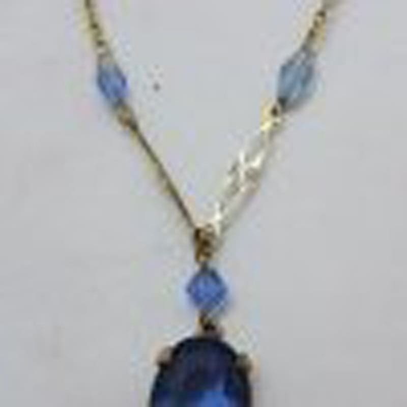 Plated Blue Paste Ornate Necklace / Chain - Vintage Costume Jewellery