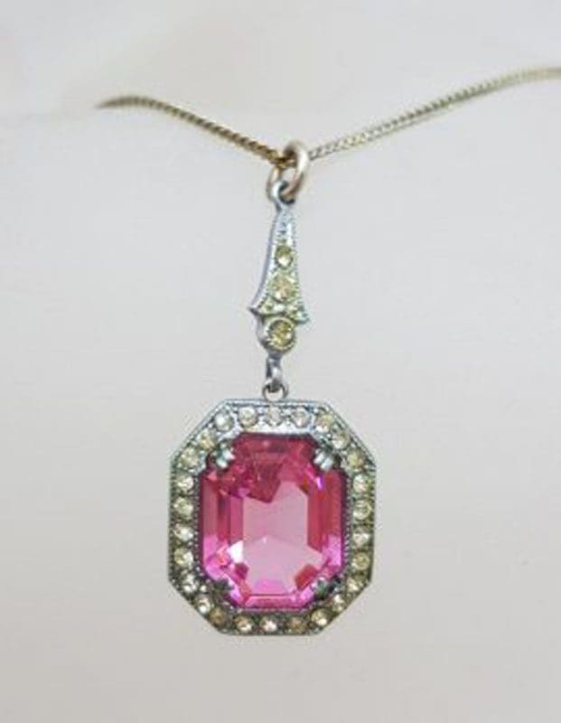 Plated Pink Stone Art Deco Style Rhinestone Pendant on Chain - Vintage Costume Jewellery