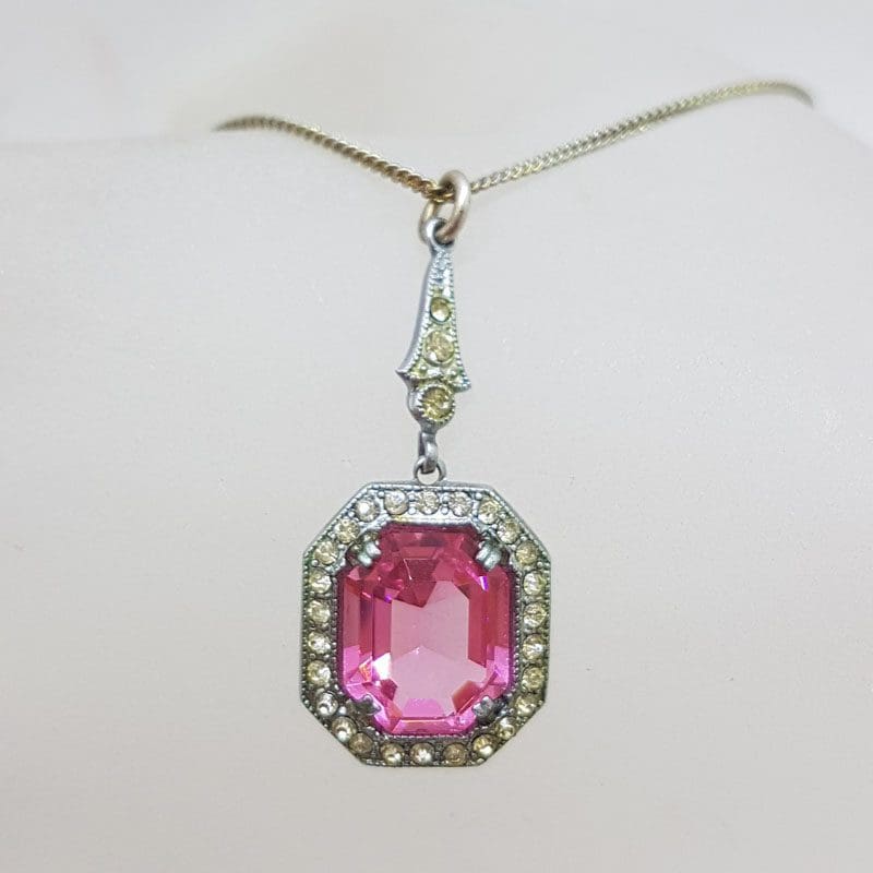 20210528_211942 Plated Pink Stone Art Deco Style Rhinestone Pendant on Chain - Vintage Costume Jewellery