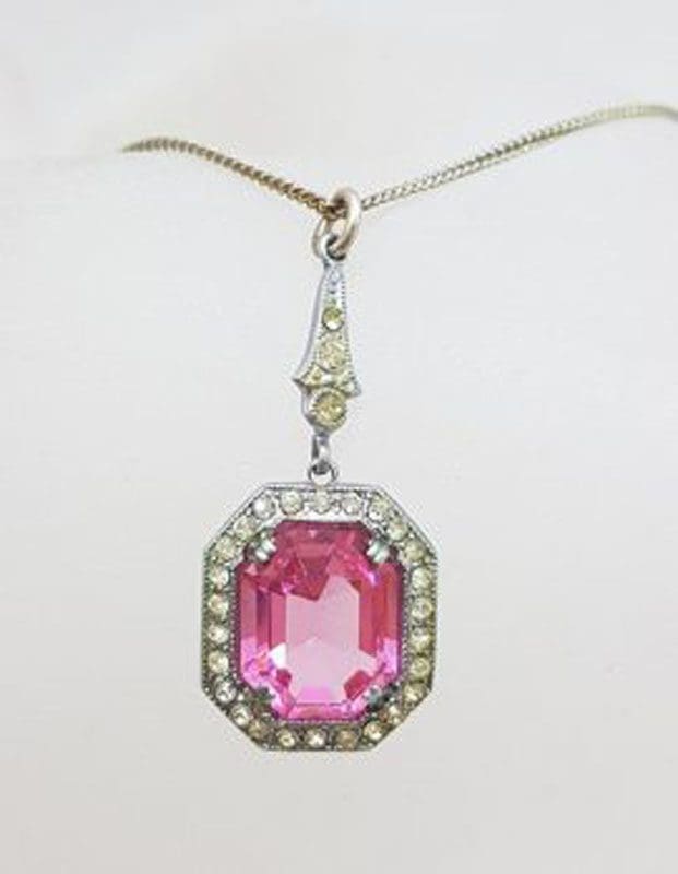 Plated Pink Stone Art Deco Style Rhinestone Pendant on Chain - Vintage Costume Jewellery