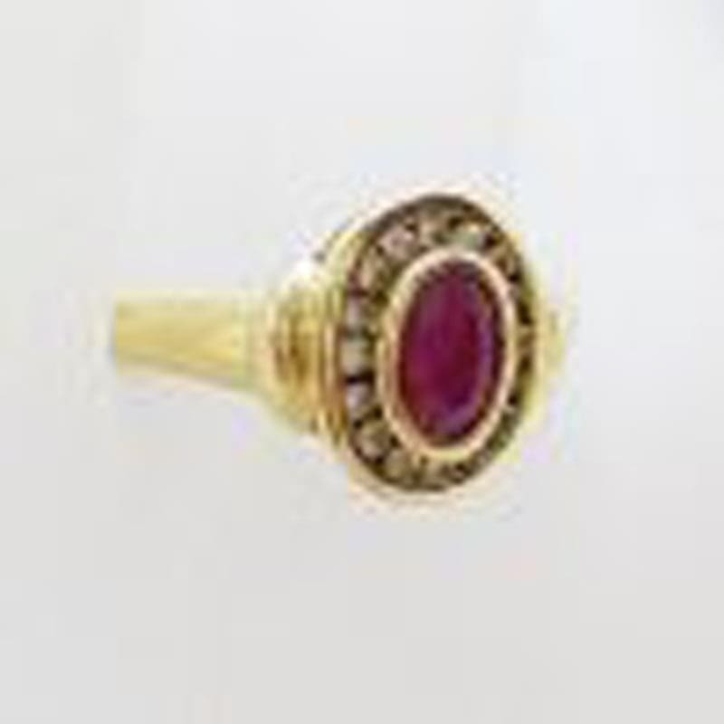 9ct Yellow Gold Oval Bezel Set Natural Ruby with Channel Set Diamond Cluster Ring